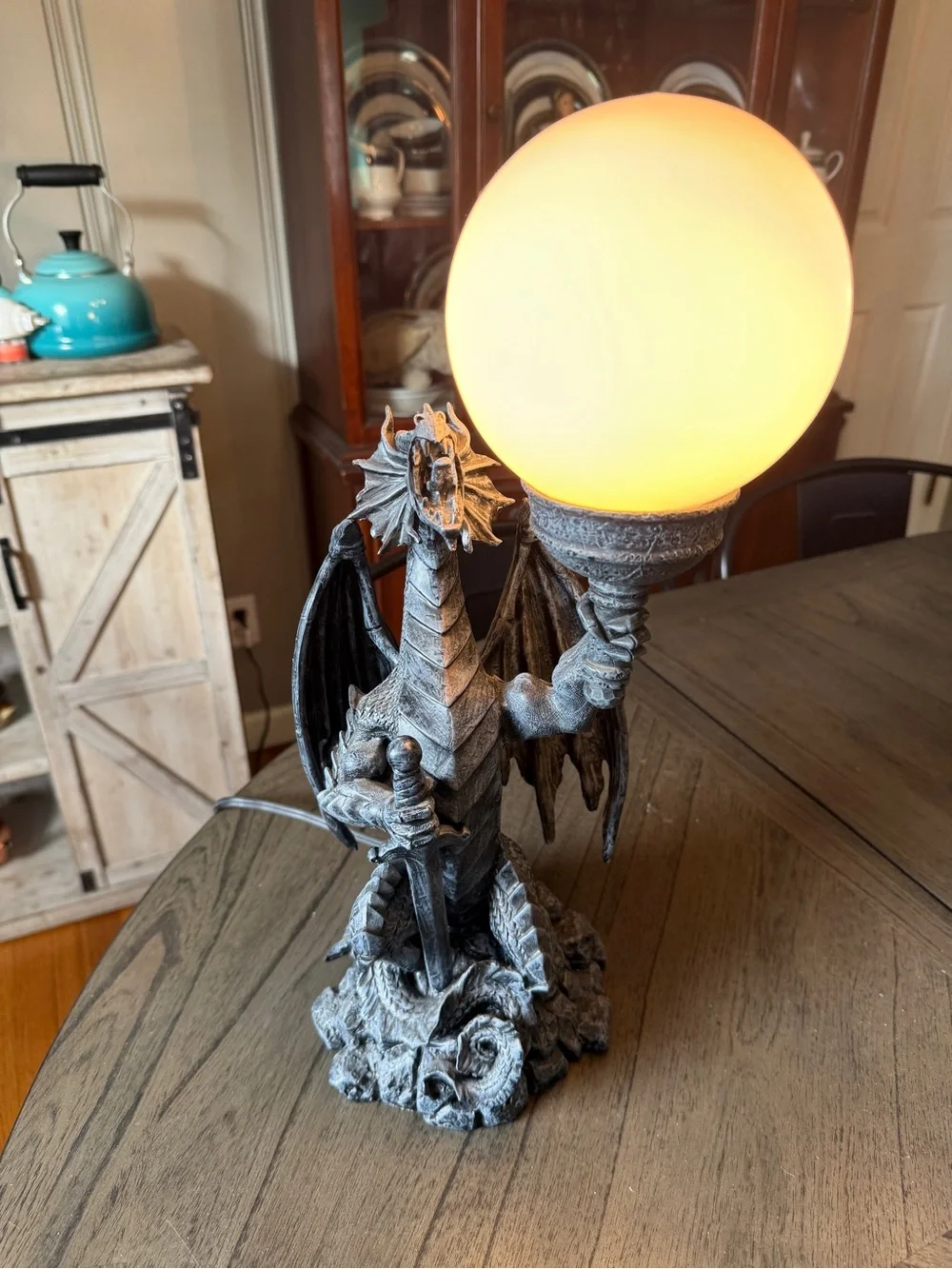 Gothic Dragon Table Lamp in Gray with Warm Globe. From early 2000's.